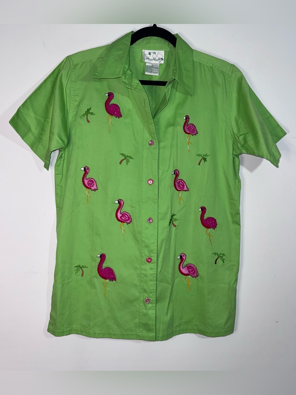 The Quacker Factory Flamingo Palm Tree Embroidered Button Front Shirt S